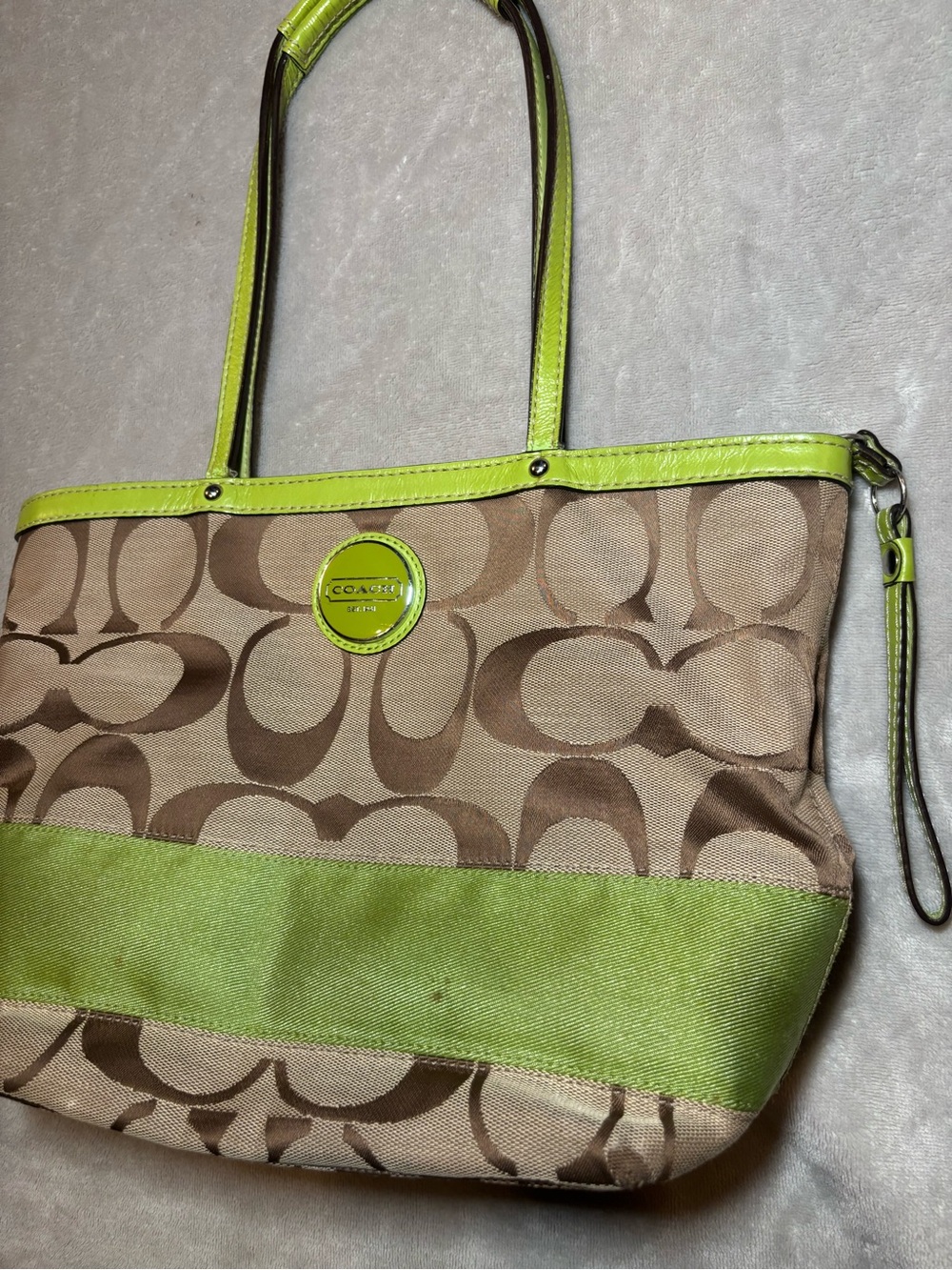 Coach Signature Stripe Brown and Green Tote Shoulder Bag - Picture 2 of 6